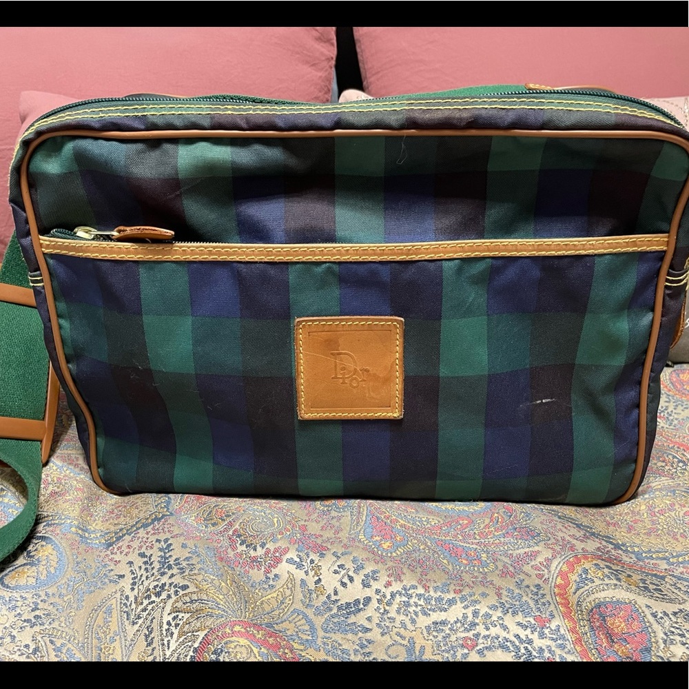 Vintage Christian Dior Weekender Plaid Travel Bag w/leather Trim